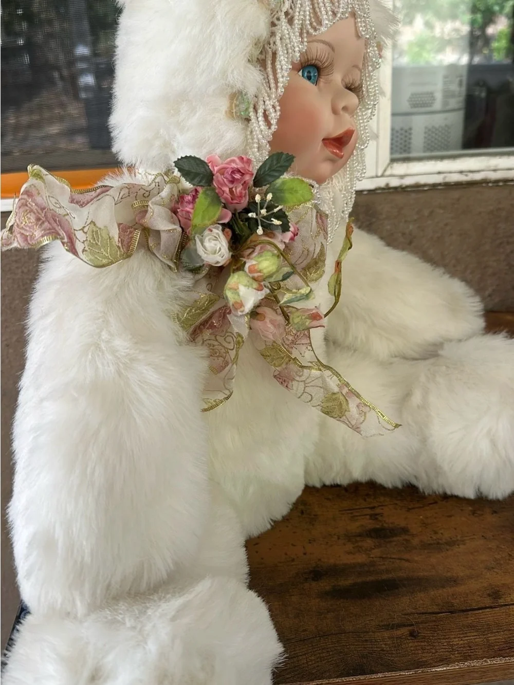 Plush White Teddy Bear Doll with Decorative Bonnet - Brand Unspecified
